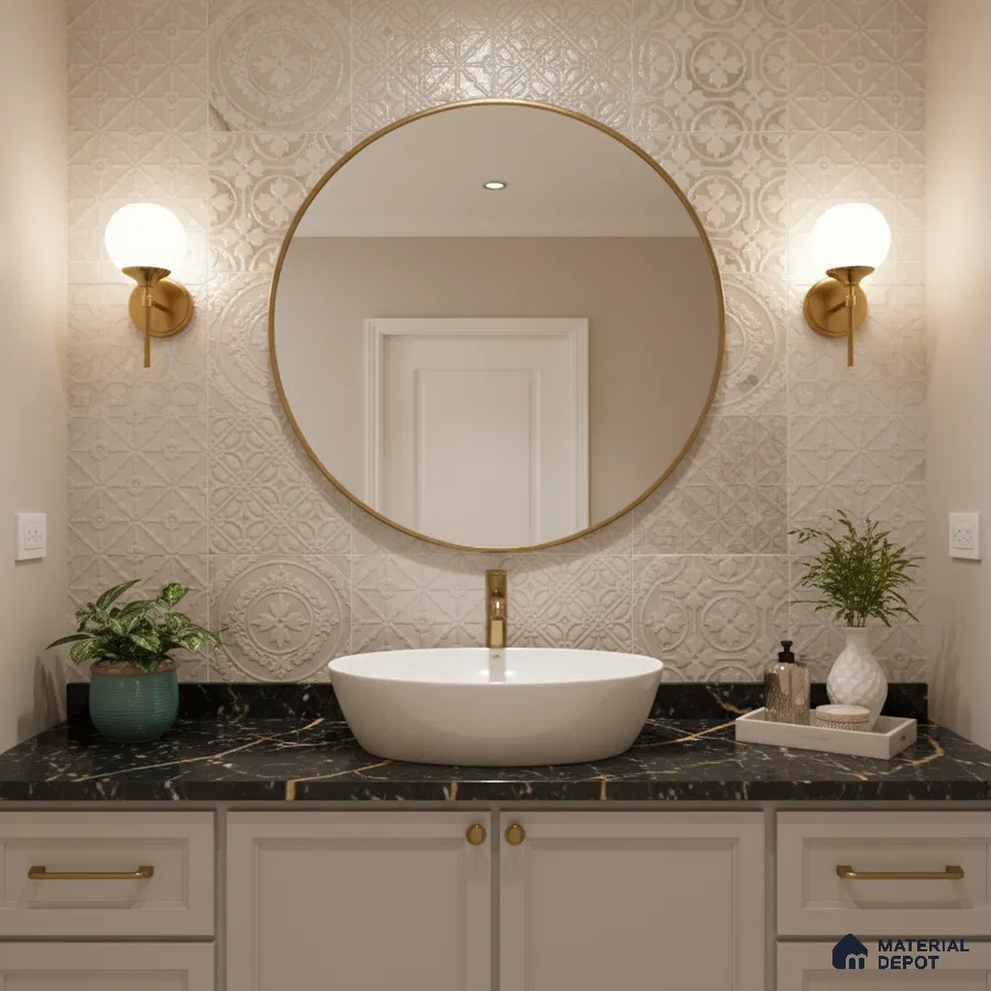 Modern bathroom with patterned beige wall tiles and black quartz countertop