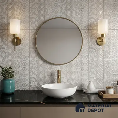 Modern bathroom with patterned white wall tiles and black quartz countertop