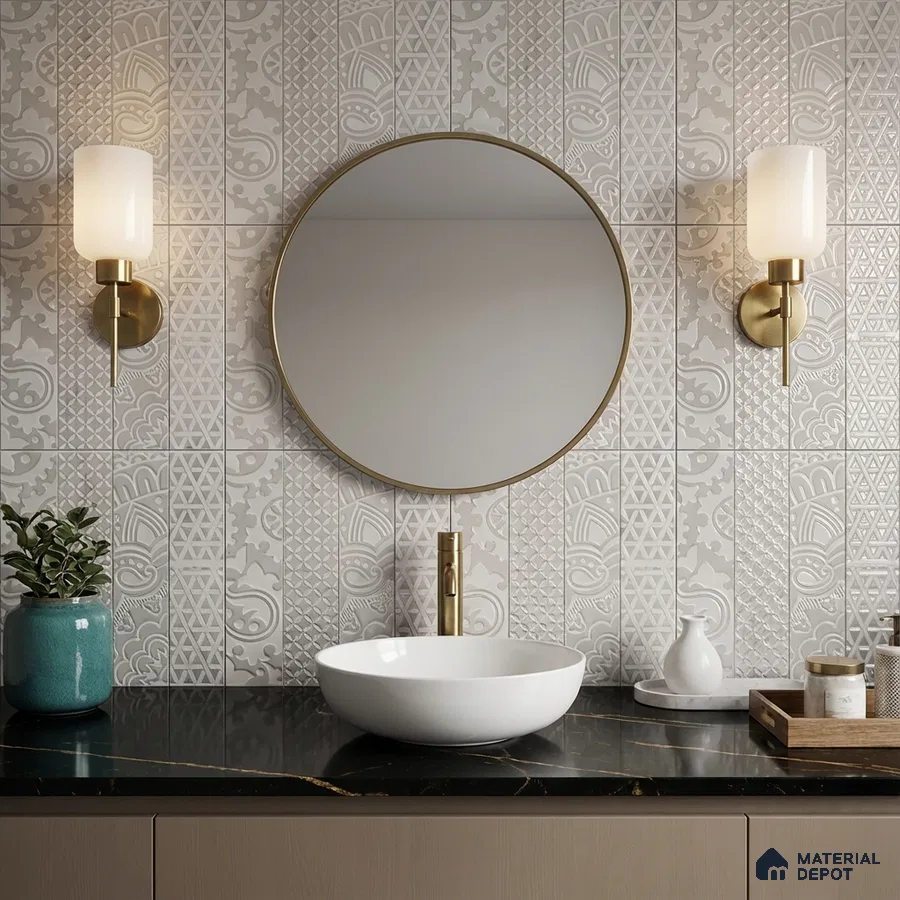 Modern bathroom with patterned white wall tiles and black quartz countertop