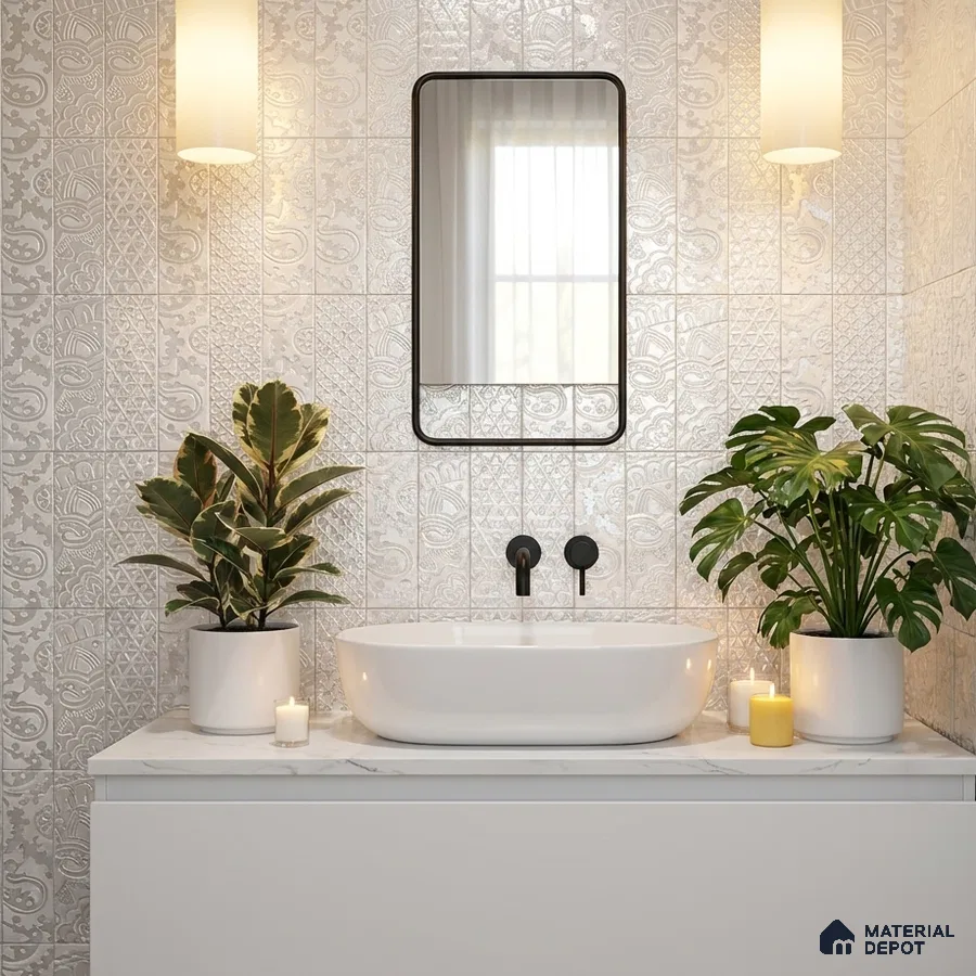 Modern bathroom with embossed patterned wall tiles and white quartz countertop