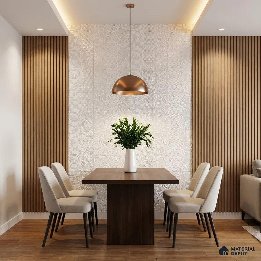 Modern dining room with wood slat wall panels, embossed white patterned wall tiles, and walnut dining table