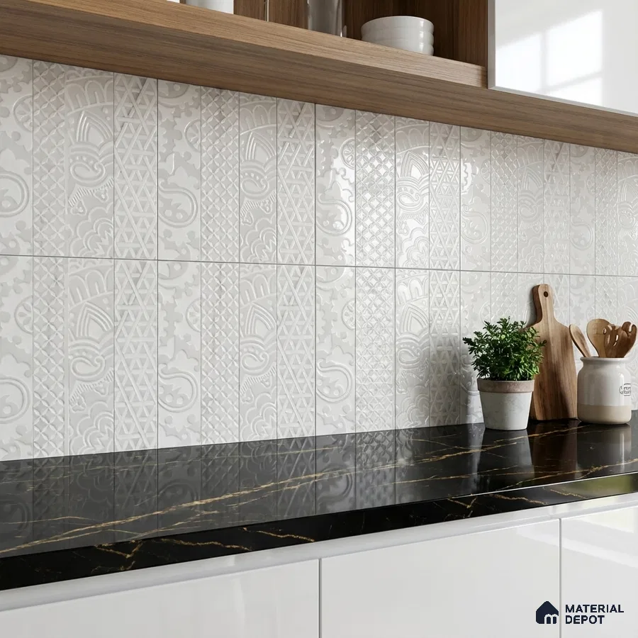 Modern kitchen with embossed white patterned backsplash tile and black quartz countertop
