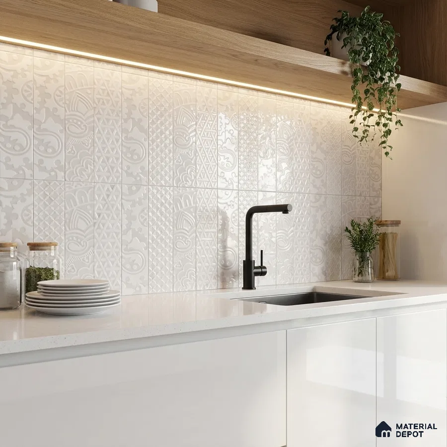 Modern kitchen with white patterned backsplash tile, white quartz countertop, and light oak open shelf
