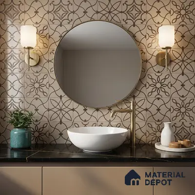 Modern bathroom with patterned beige wall tiles and black quartz countertop