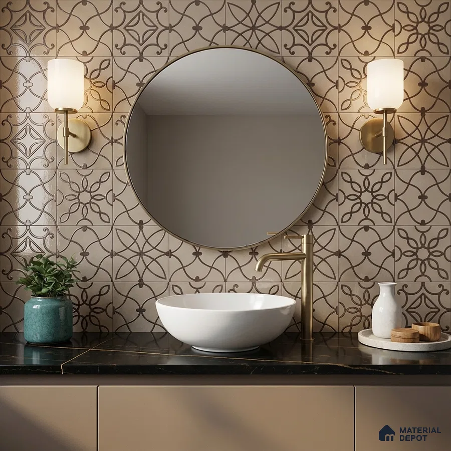 Modern bathroom with patterned beige wall tiles and black quartz countertop