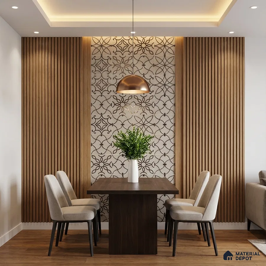 Modern dining room with patterned tile accent wall and vertical wood louvers