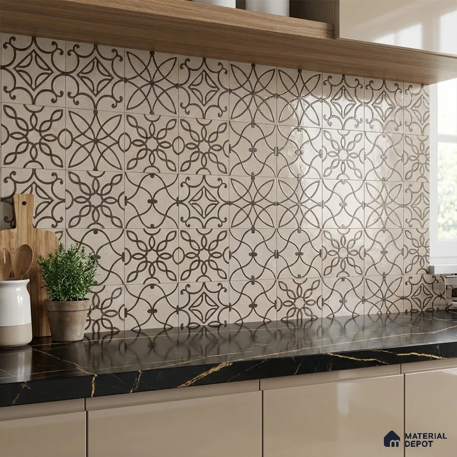 Modern kitchen with geometric patterned backsplash tile and black quartz countertop