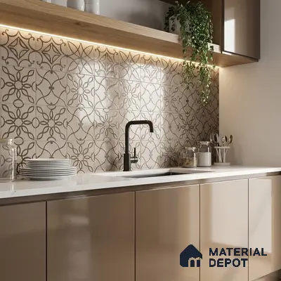 Modern kitchen with beige glossy laminate cabinets, white quartz countertop, and patterned beige backsplash tiles