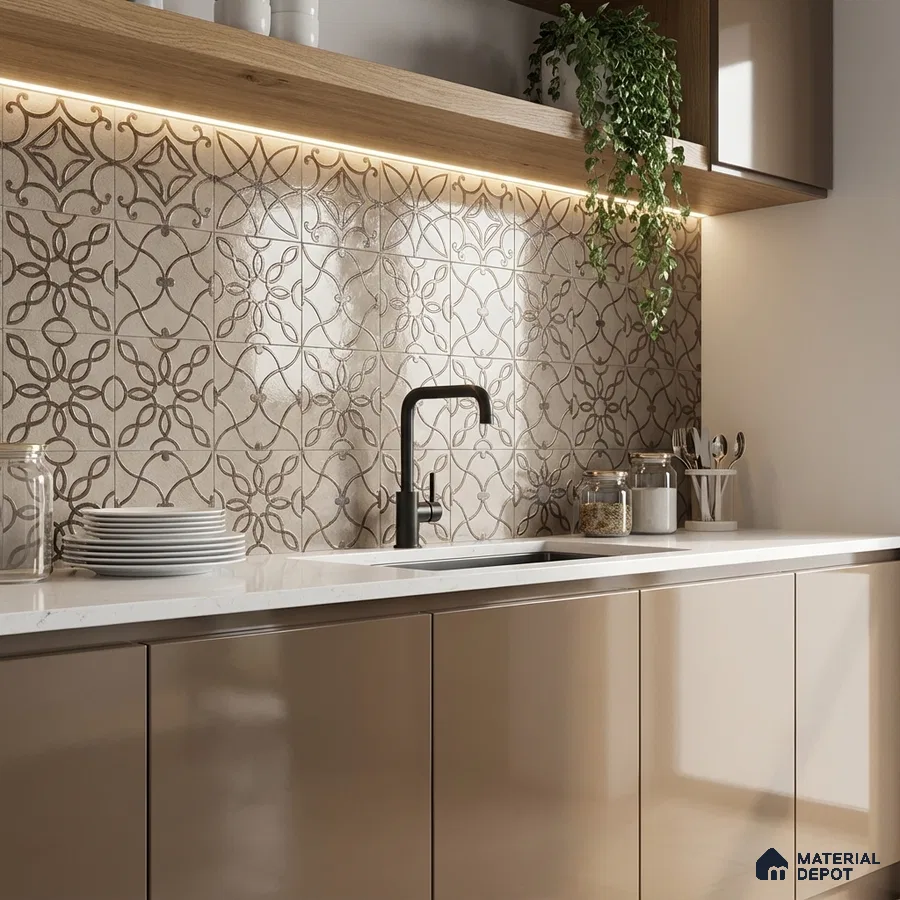 Modern kitchen with beige glossy laminate cabinets, white quartz countertop, and patterned beige backsplash tiles