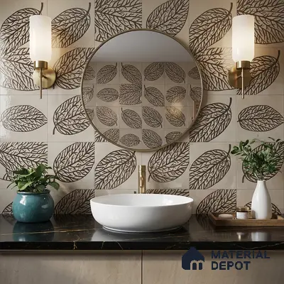 Modern bathroom with leaf-patterned beige wall tiles and black quartz countertop