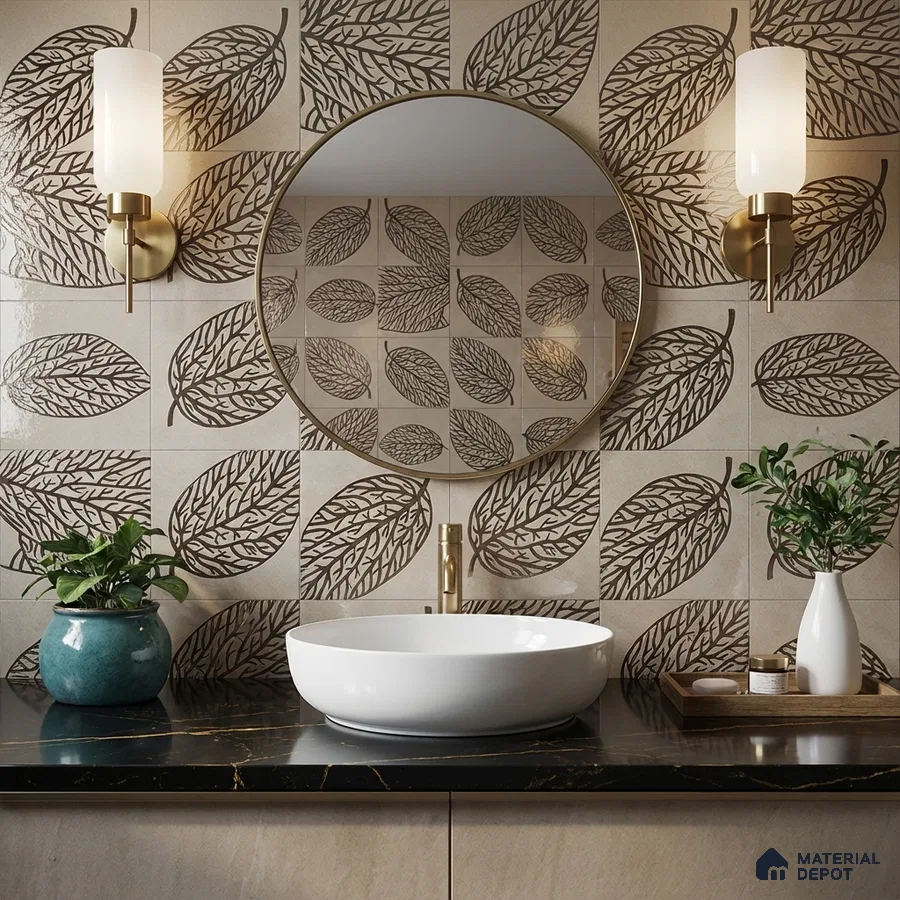 Modern bathroom with leaf-patterned beige wall tiles and black quartz countertop