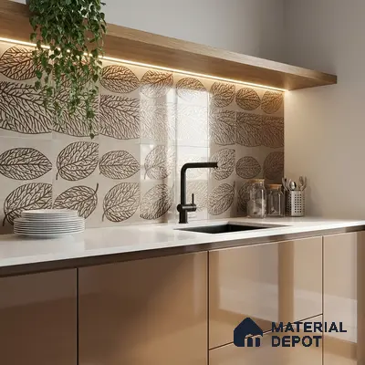 Modern kitchen with beige leaf-patterned backsplash tiles and glossy taupe laminate cabinets