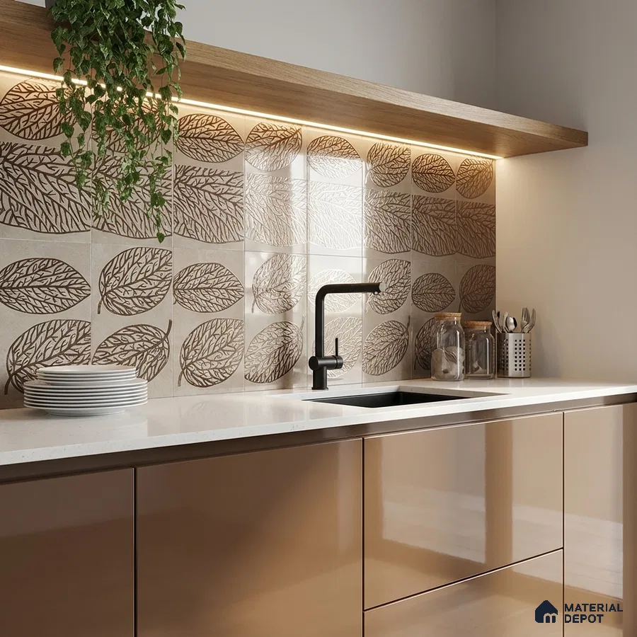 Modern kitchen with beige leaf-patterned backsplash tiles and glossy taupe laminate cabinets