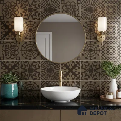 Modern bathroom with black patterned moroccan wall tiles and black quartz countertop