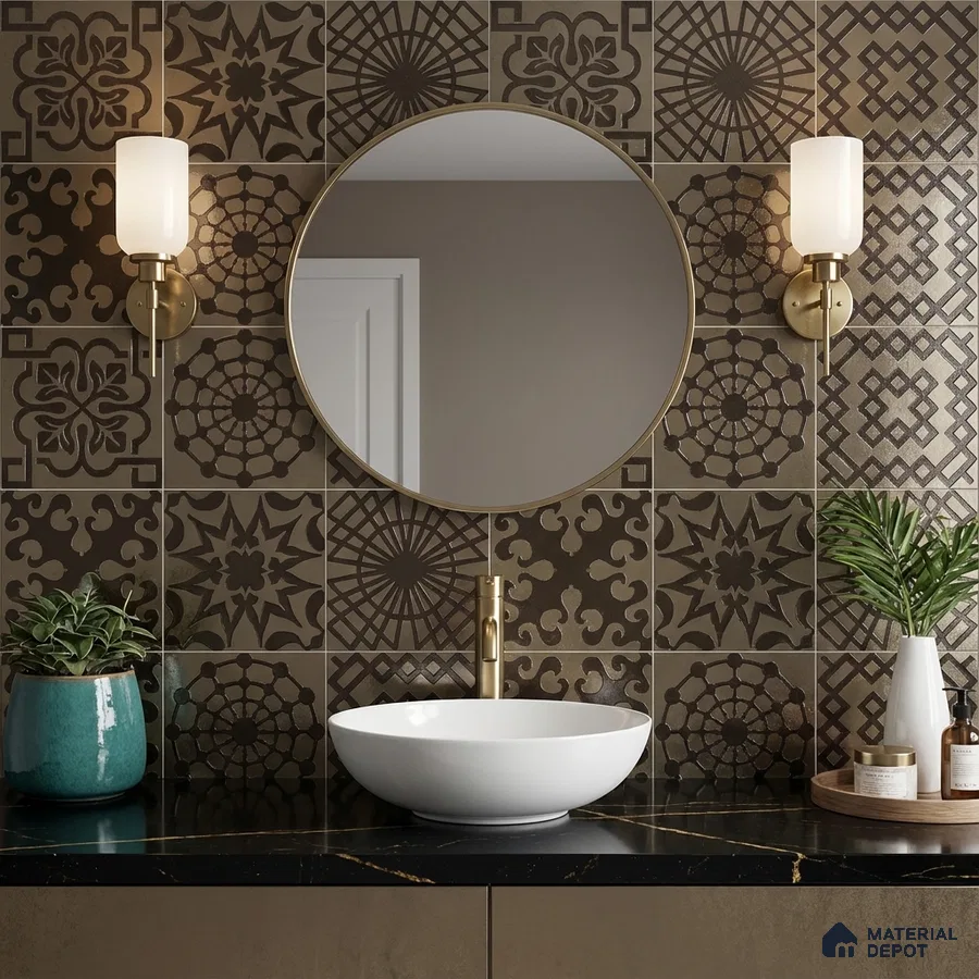 Modern bathroom with black patterned moroccan wall tiles and black quartz countertop