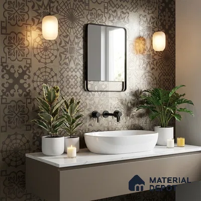 Modern bathroom with patterned brown wall tiles and white quartz countertop