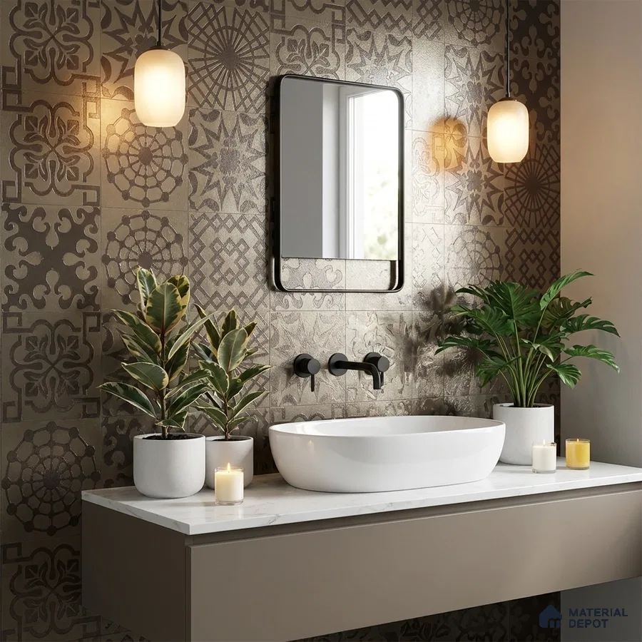 Modern bathroom with patterned brown wall tiles and white quartz countertop