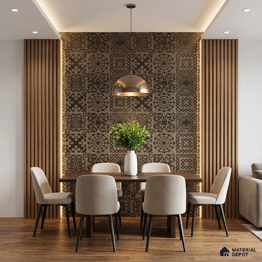 Modern dining room with patterned accent wall tiles and wooden flooring
