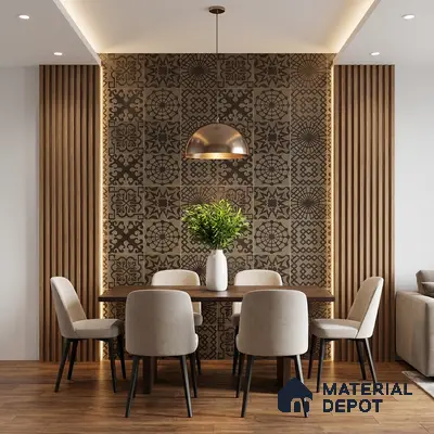Modern dining room with patterned accent wall tiles and wooden flooring