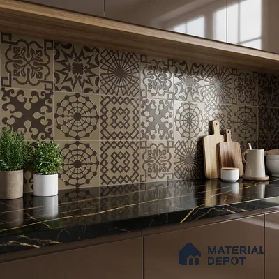 Modern kitchen with patterned moroccan backsplash tiles and black quartz countertop