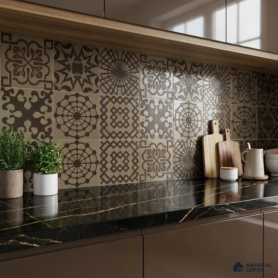 Modern kitchen with patterned moroccan backsplash tiles and black quartz countertop