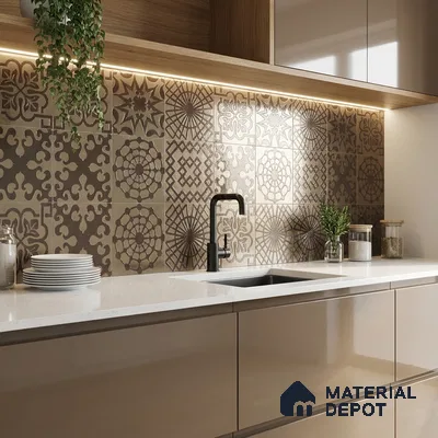 Modern kitchen with beige patterned moroccan backsplash tiles and glossy taupe laminate cabinets