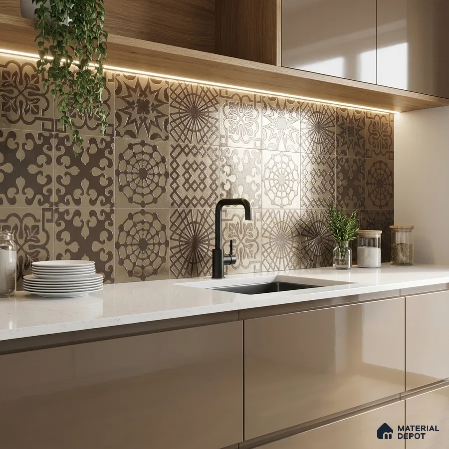 Modern kitchen with beige patterned moroccan backsplash tiles and glossy taupe laminate cabinets