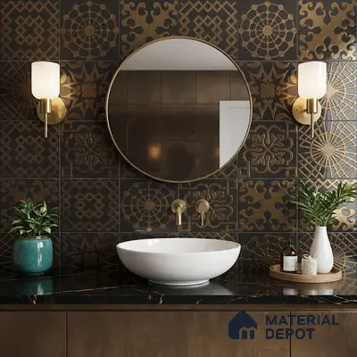 Art Deco bathroom with metallic gold patterned wall tiles and black quartz countertop