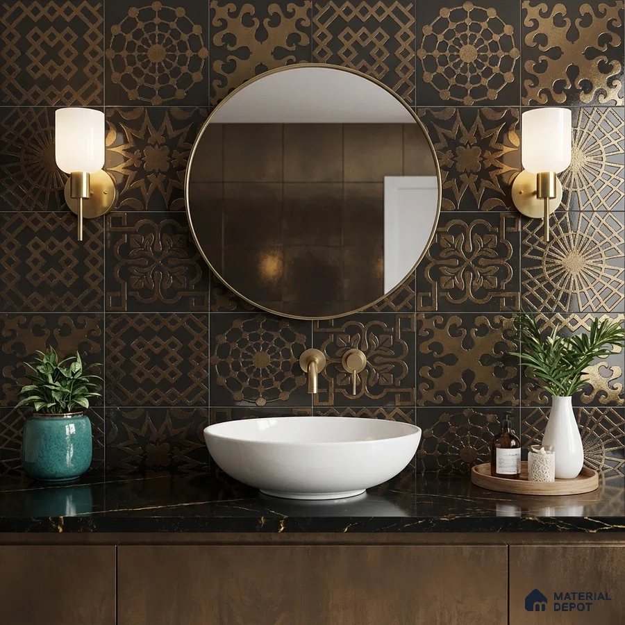 Art Deco bathroom with metallic gold patterned wall tiles and black quartz countertop
