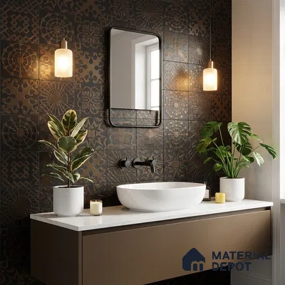 Modern bathroom with bronze patterned wall tiles and white quartz countertop vanity