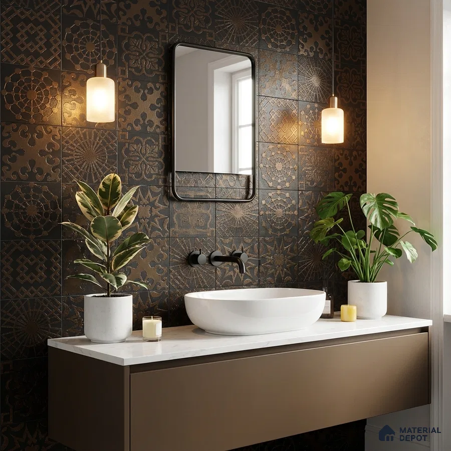 Modern bathroom with bronze patterned wall tiles and white quartz countertop vanity