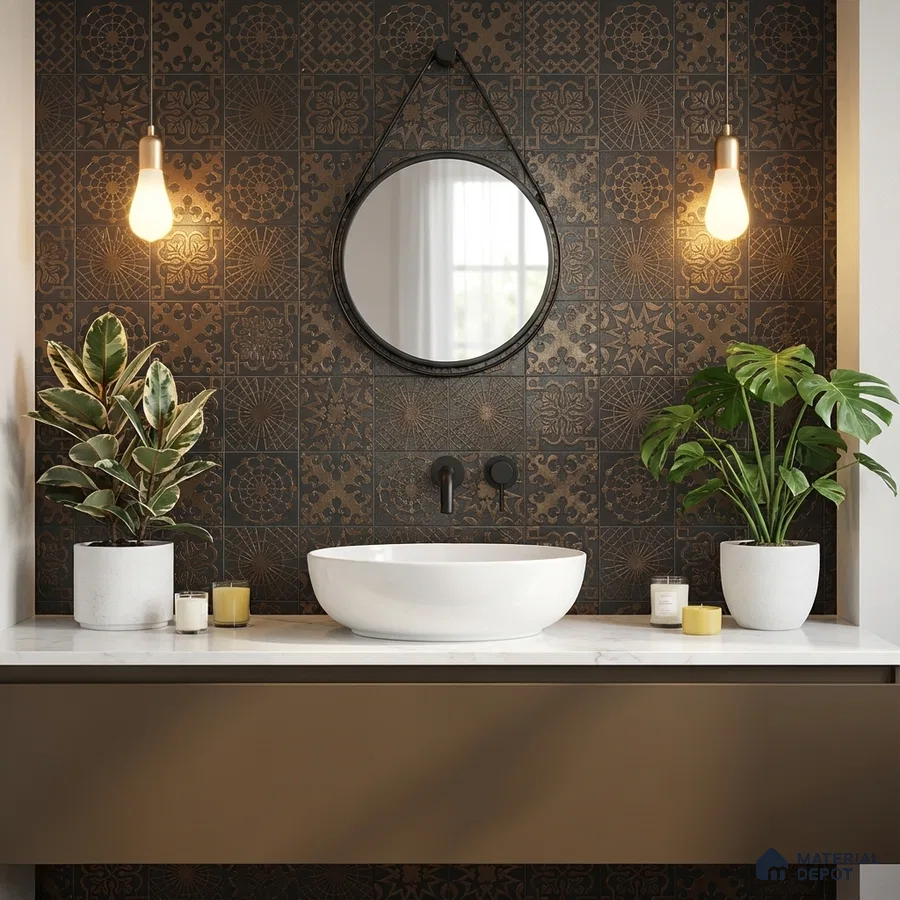 Modern bathroom with matte black patterned wall tiles and white countertop basin