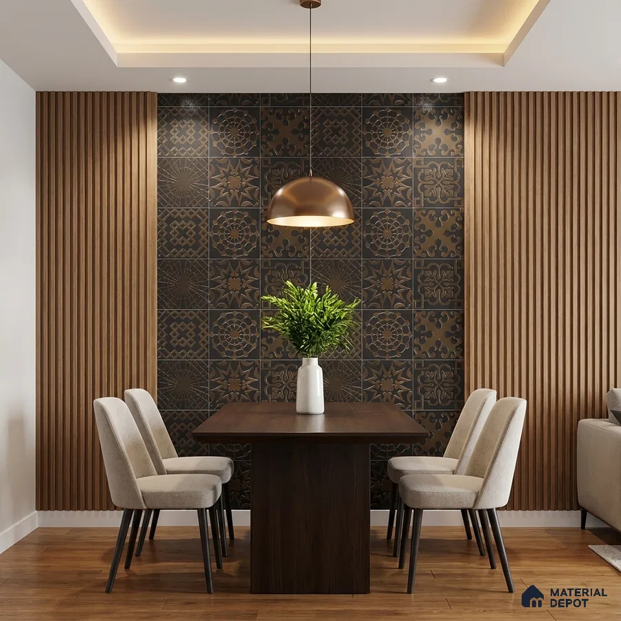 Modern dining room with patterned black ceramic wall tiles and vertical oak wood fluted panels