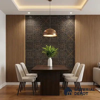 Modern dining room with patterned black ceramic wall tiles and vertical oak wood fluted panels