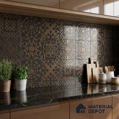 Modern kitchen with bronze geometric patterned backsplash tiles and black quartz countertop
