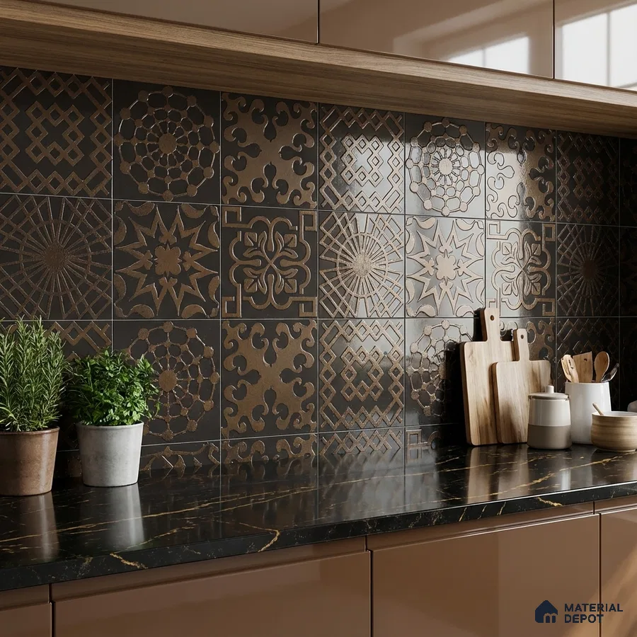 Modern kitchen with bronze geometric patterned backsplash tiles and black quartz countertop