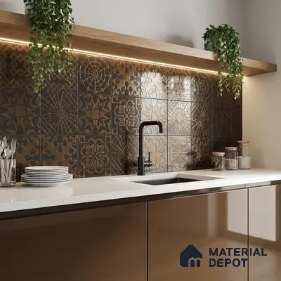 Modern kitchen with brown patterned backsplash tiles, glossy brown laminate cabinets, and white quartz countertop