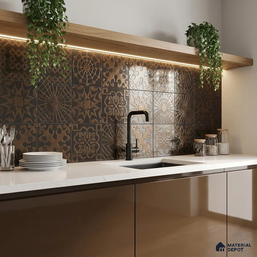 Modern kitchen with brown patterned backsplash tiles, glossy brown laminate cabinets, and white quartz countertop