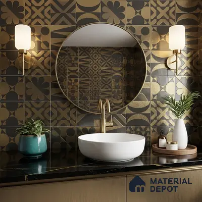Art Deco bathroom with gold and black geometric wall tiles and black quartz countertop