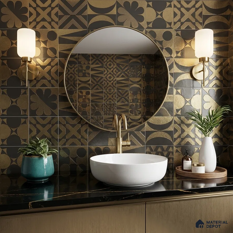 Art Deco bathroom with gold and black geometric wall tiles and black quartz countertop