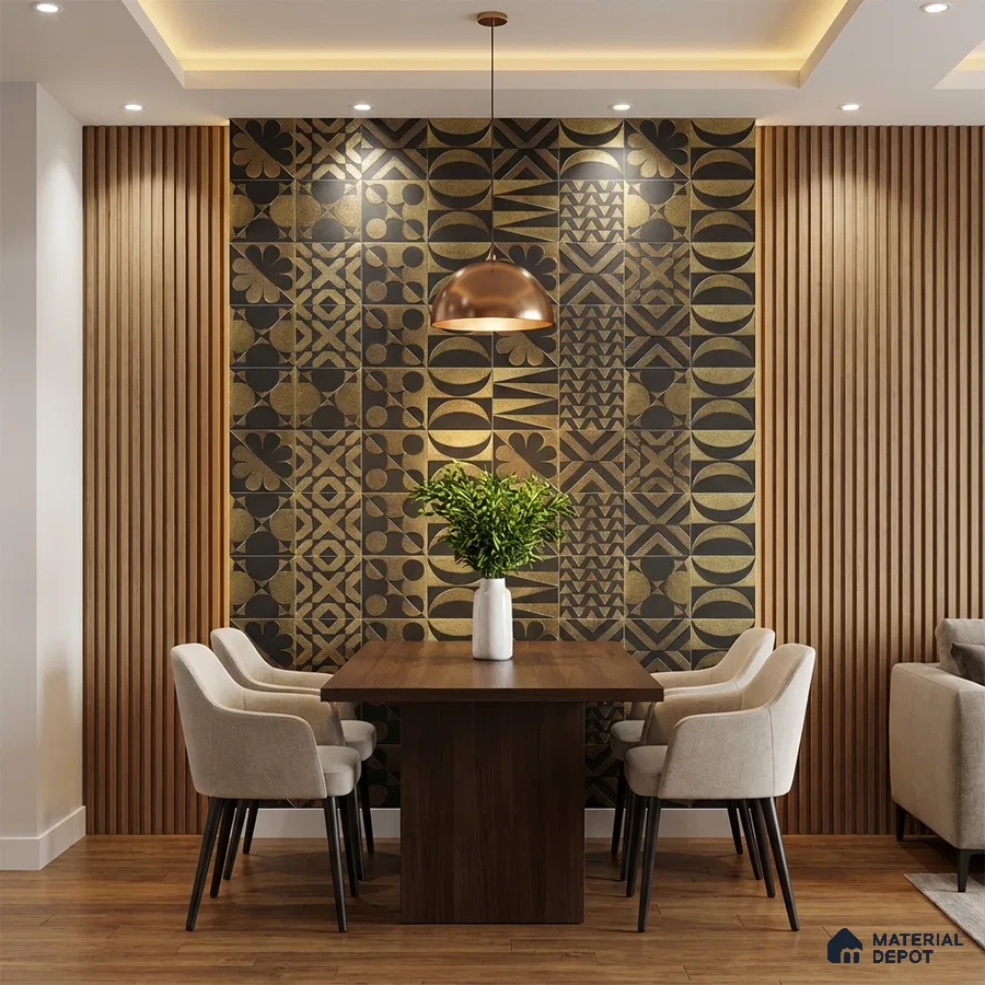 Modern dining room with geometric patterned wall tiles and wood slat wall panels