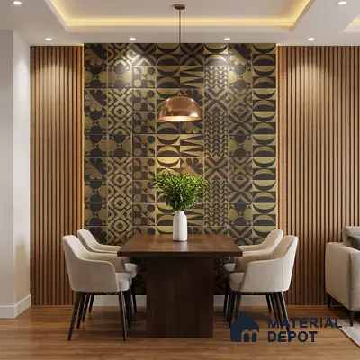 Modern dining room with geometric patterned wall tiles and wood slat wall panels