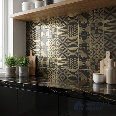 Modern kitchen with gold and black geometric backsplash tiles and black marble-look countertop