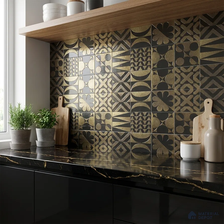 Modern kitchen with gold and black geometric backsplash tiles and black marble-look countertop