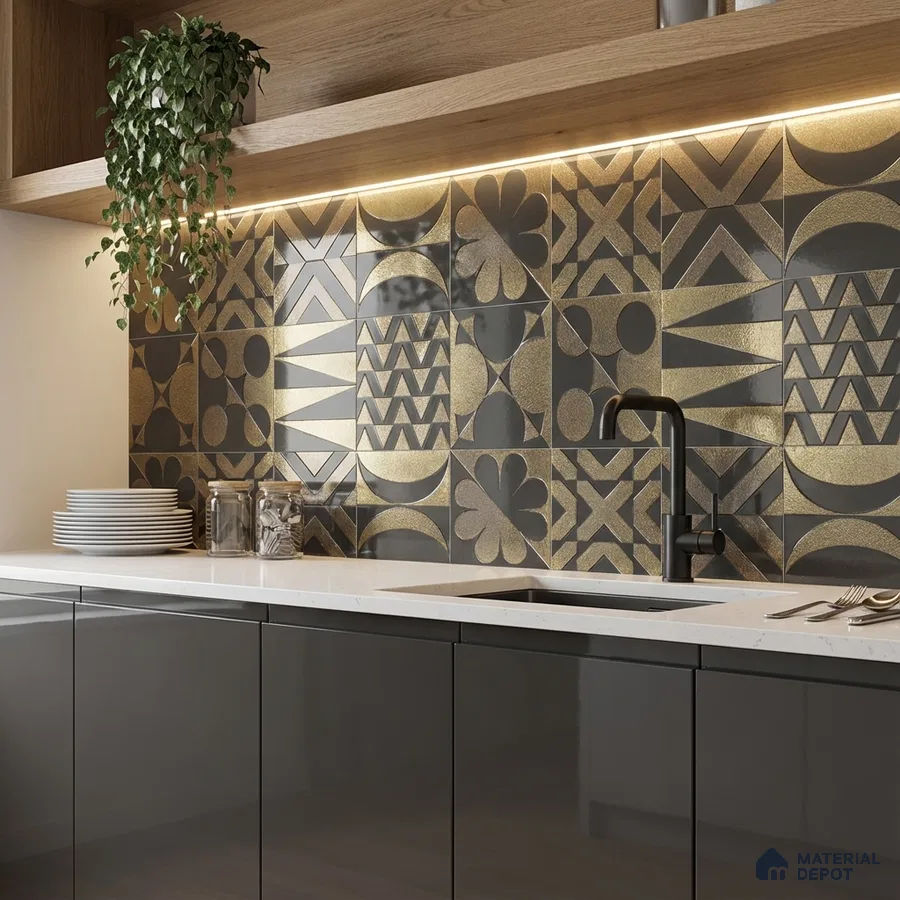 Modern kitchen with geometric gold and black backsplash tiles and glossy grey laminate cabinets