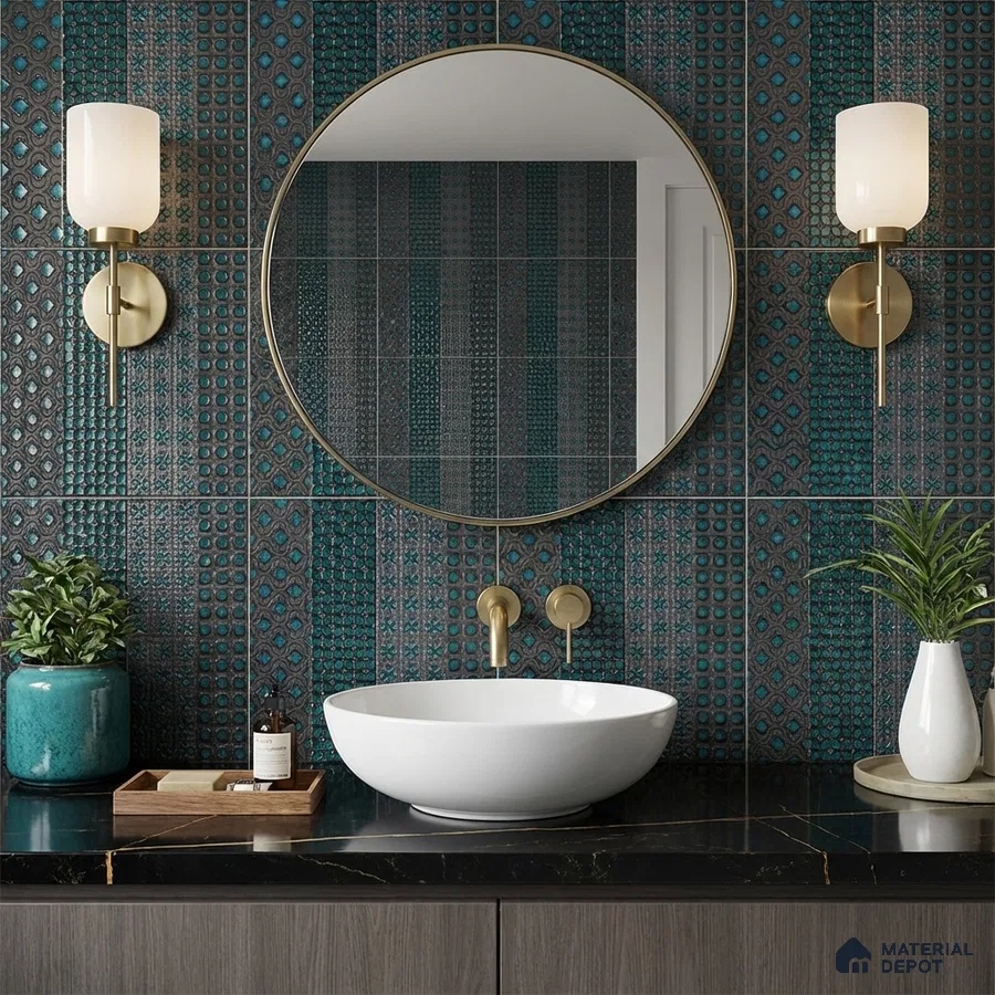 Modern bathroom with teal patterned wall tiles and black quartz countertop
