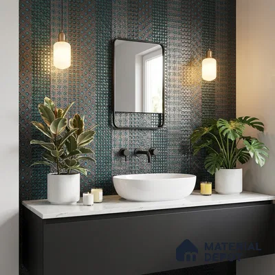 Modern bathroom with geometric patterned wall tiles and black floating vanity with quartz countertop