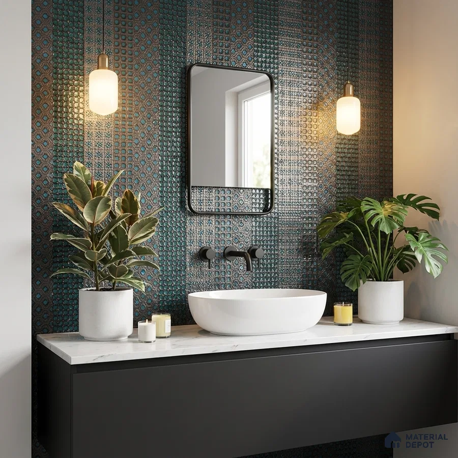 Modern bathroom with geometric patterned wall tiles and black floating vanity with quartz countertop