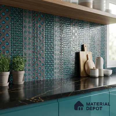 Modern kitchen with teal patterned backsplash tile, black quartz countertop, and teal laminate cabinets