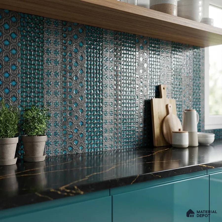 Modern kitchen with teal patterned backsplash tile, black quartz countertop, and teal laminate cabinets